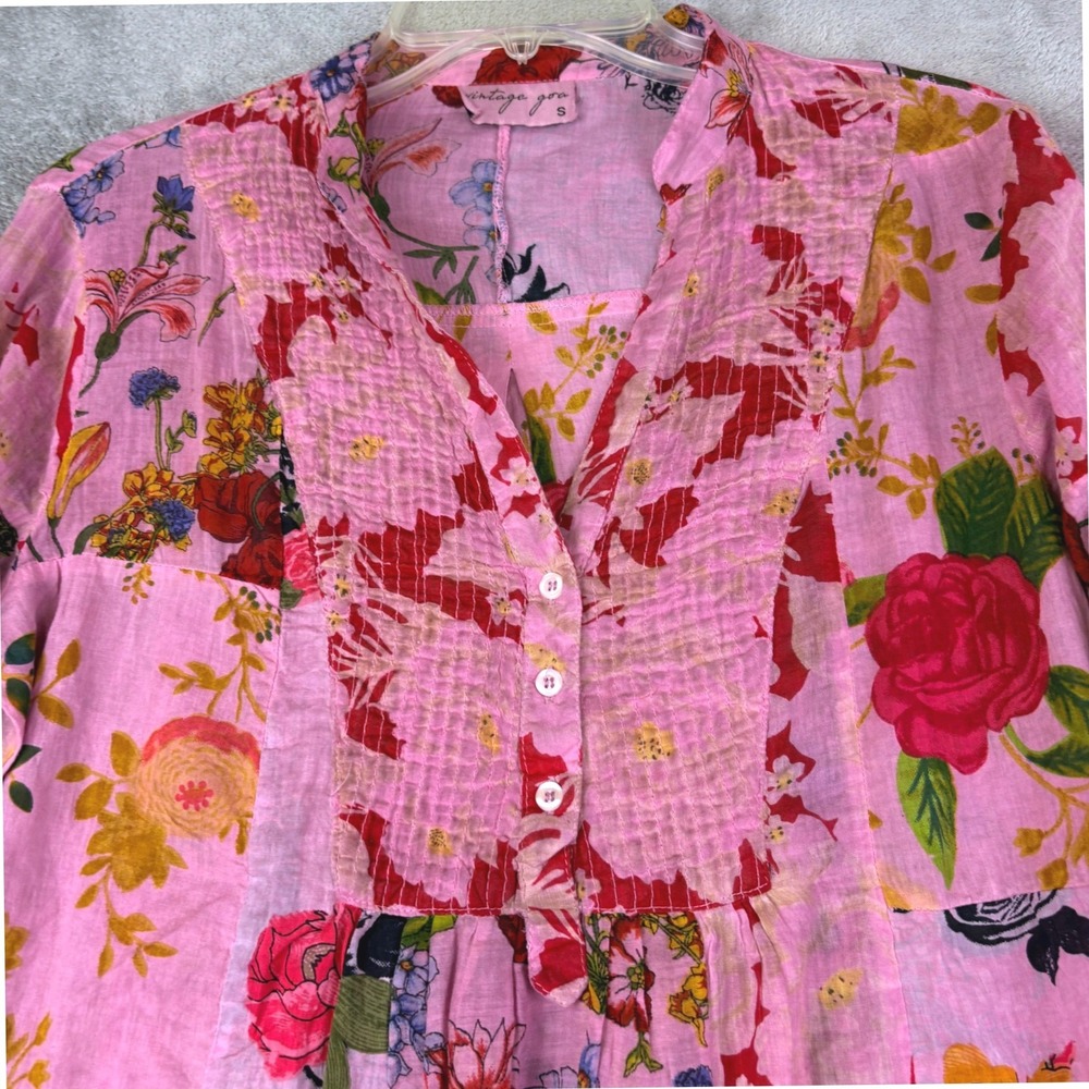 Vintage Goa Womens S Pink Floral Tunic Pintuck Cotton Boho Patchwork Top Rolltab - Picture 2 of 13